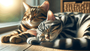 茶トラとキジトラの二匹の猫の昼寝